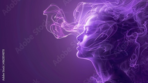 Woman with flowing abstract purple patterns on face in futuristic art