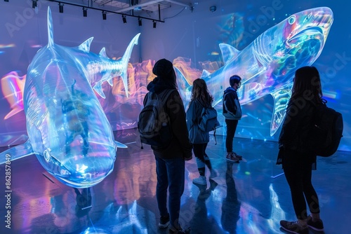 surreal experience of immersive art exhibit with people interacting with larger-than-life neon blue projections and sculptures of translucent sharks