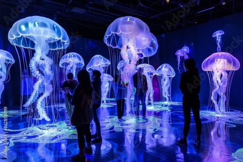 immersive art exhibit with people interacting with larger-than-life sculptures of translucent jellyfish and projections