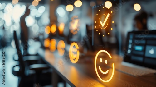 Customer Satisfaction Survey Glowing survey icons with softly lit satisfaction metrics