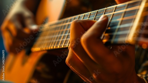 Closeup of fingers playing an acoustic guitar.