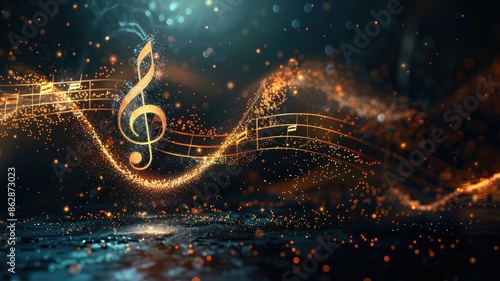 Glowing musical notes and staff lines on dark background with swirling light effects