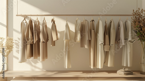 Clothes on grunge background, shelf on cream background, Collection of clothes hanging on a rack in neutral beige colors, 3d rendering, store and bedroom concept