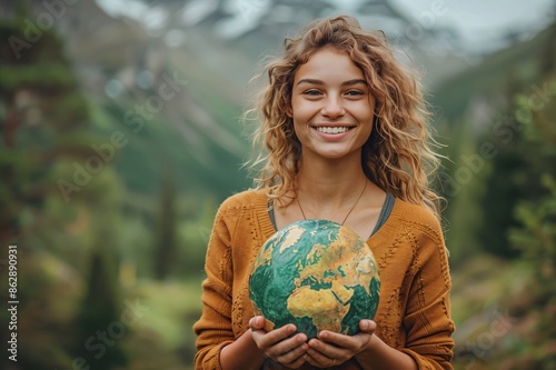 Young woman holding globe in forest smiling at camera for environmentalism