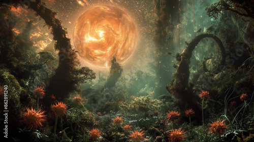 An otherworldly forest bathed in the glow of a giant, fiery orb. Lush greenery and vibrant flowers bloom in the surreal landscape.