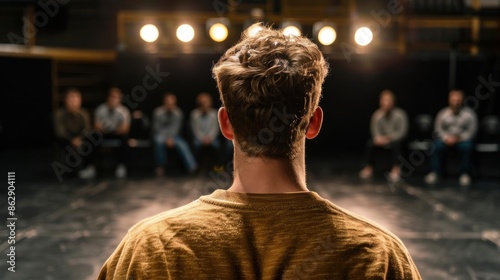 Actor demonstrating a monologue to an acting class, rear view, studio setting, photo-realistic, over-the-shoulder shot, soft lighting