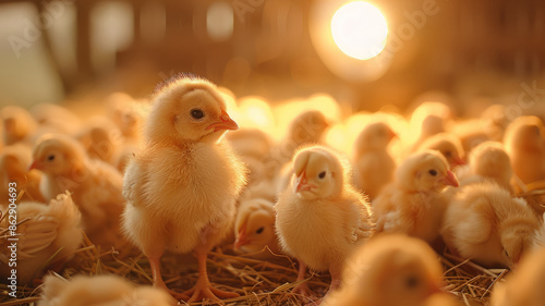 A group of baby chicks in a barn illuminated by warm sunlight.