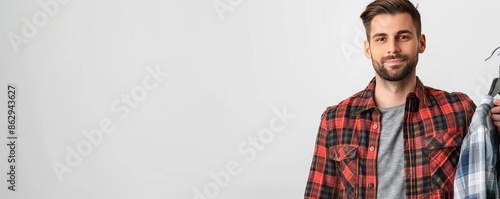 Retail associate holding a clothing item on a hanger, on the right side, plain white background Holding clothing item Showcasing engagement in customer service