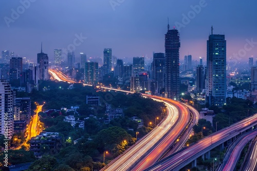 A night time aerial view of Mumbais skyline, featuring a highway with bright light trails.