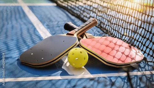 Black and red pickleball paddles with ball at the net of a pickleball court