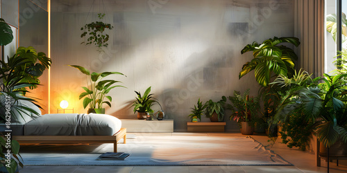 Imagen de una recamara lujosa con plantas y una cama estilo minimalista y lujoso 
