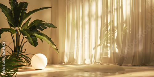 Fondo de una casa elegante con una cortina blanca y decoración minimalista con una planta 