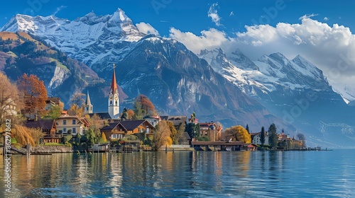 Panoramic view of the city of Brienz on Lake Brienz, Switzerland. An old fishing town with a beautiful church and snow-capped Alpine mountains in the background.