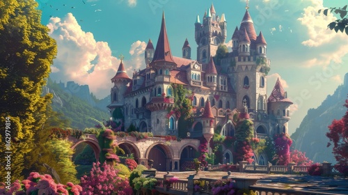 Illustration of A dreamy castle with floating turrets, talking gargoyles, and enchanted gardens