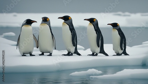 Five penguins stand together in snow, maybe on an ice floe, looking in the same direction. Their positions vary, showing camaraderie in the snowy landscape.