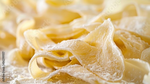 Fresh homemade pasta fettuccine noodles. Close-up of fresh homemade fettuccine noodles dusted with flour, ready for cooking.