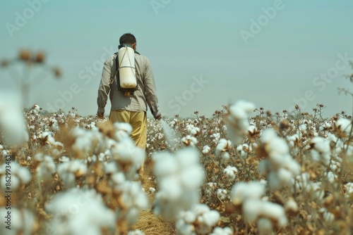 indian farmer spraying pesticide at cotton field.