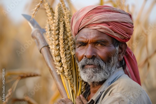 Indian man with sickle and crops.