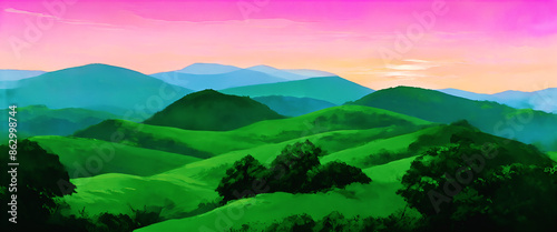 illustrazione con tramonto, alba dai colori pastello su verdi colline