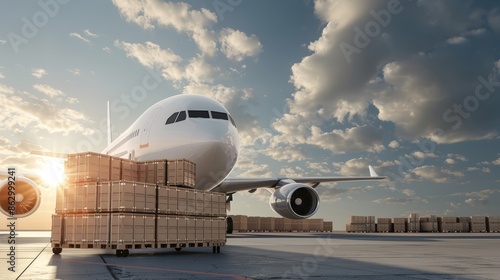 Jetliner on the runway, freight containers being managed by ground crew, aviation logistics operations under bright sunlight, efficient cargo handling