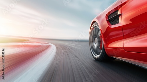 Luxury car driving at high speed on a racetrack, ultra high-definition close-up capturing the aerodynamic curves and details, wide-angle lens, background streaks