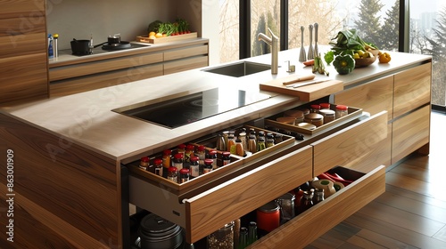 A kitchen with a pullout spice organizer