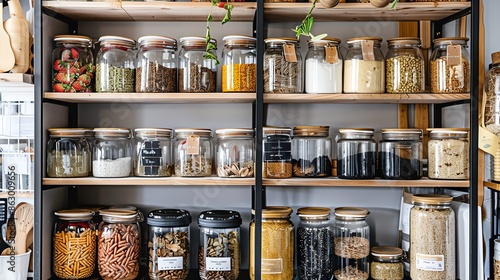 A pantry with labeled storage bins
