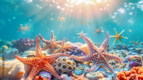 Diverse Array of Vibrant Starfish across Colorful Coral Reef in Warm Sunlight