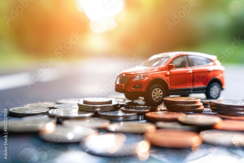 A small toy car sits atop a pile of shiny coins, perfect for illustration or graphic design