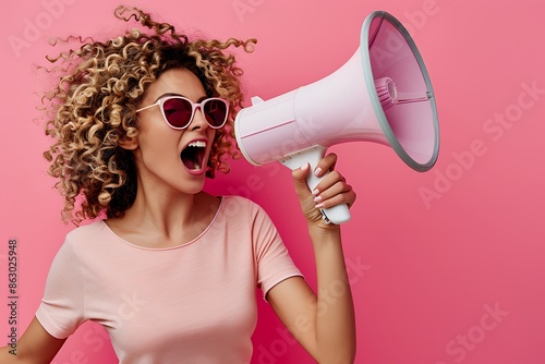 Photo of a woman with curly hair wearing sunglasses and holding up an open megaphone isolated on a pink background, side view. Web banner for social media advertising. The woman shouting through the