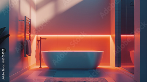 Modern bathroom with neon lighting at dusk