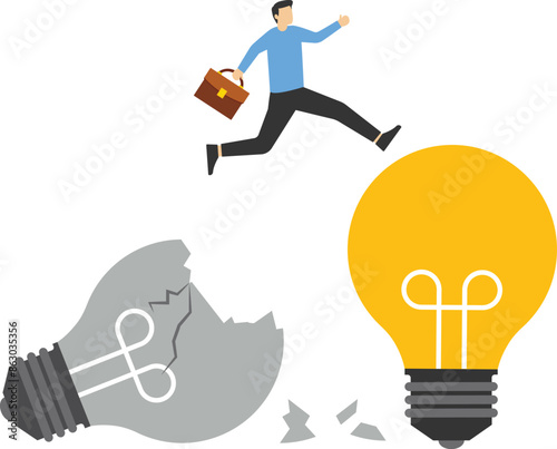 Business transformation, change management or transition to a better innovative company, improvement and adaptation to new normal concepts, smart businessmen jump from old to new shiny lightbulb ideas