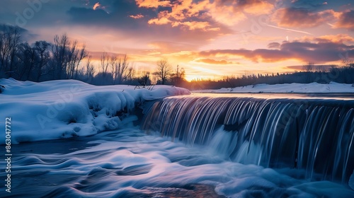 Beautiful nature water flow water fall sunset view cloud sky winter weather high resolution background : Generative AI