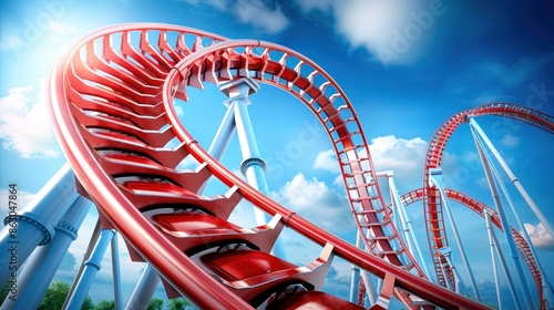 Red roller coaster on a sunny day against a blue sky with clouds, highlighting the thrilling twists and turns of the ride.