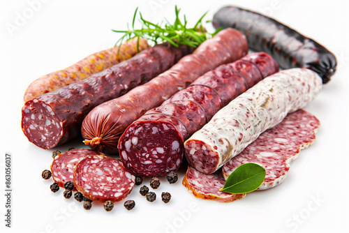 Assortment of german homemade sausage specialties: hard cured salami, liver sausage - Leberwurst, blood sausage - Blutwurst and salami, isolated on white