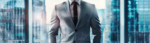 Male CEO in light grey suit, torso view, planning global expansion, highrise office backdrop, representing international growth strategies, technology tone, vivid