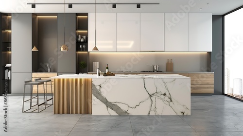 A modern kitchen with a waterfall marble island white and wood cabinets and a tiled backsplash No brands or labels : Generative AI