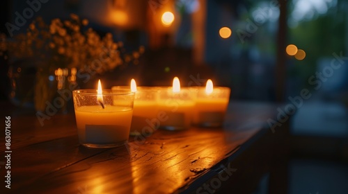 Realistic photo of votive candles lit to remember departed loved ones in solemn remembrance