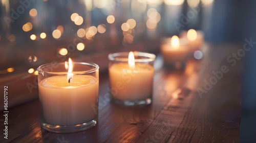 Realistic photo of votive candles lit in remembrance of departed loved ones for meaningful tribute
