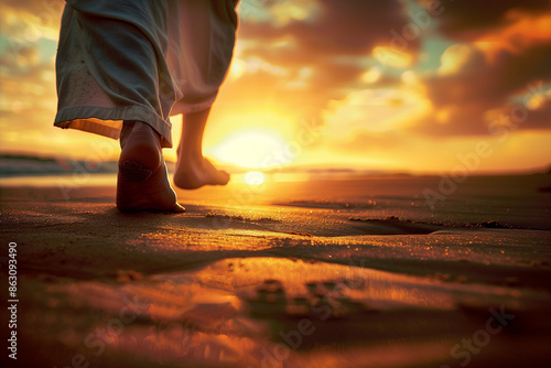 Closeup of Jesus feet walking on sand towards the rising sun Concept Religious Art, Spiritual Photography, Inspirational Images