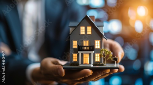 Salesman Hands On House Model Small Toy House Small Mortgage Property insurance and concepts real estate : Generative AI