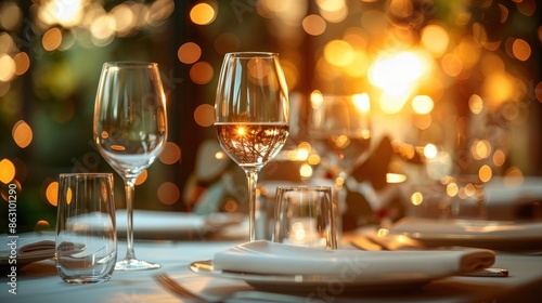 An elegantly set dining table with wine glasses on a white tablecloth, captured during sunset. The golden light creates a warm ambiance perfect for a romantic evening.