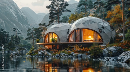 Two futuristic geodesic dome structures on the edge of a tranquil lakeside, enveloped by lush greenery and mountains, and reflecting the serene environment.