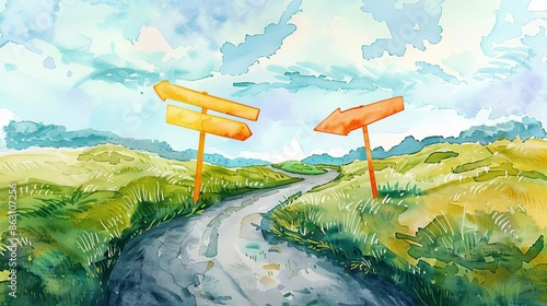 Diverging paths with opportunity and choice signs, watercolor style, crossroads of decision