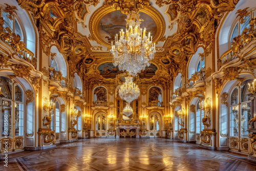 Luxurious Rococo ballroom with gilded details and chandeliers