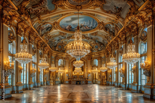 Luxurious Rococo ballroom with gilded details and chandeliers