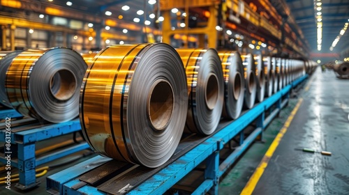 Rows of coiled metal sheets displayed in an industrial factory setting. The metal sheets are coiled and ready for processing or shipping in a modern manufacturing environment.