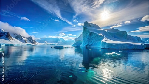Antarctic ocean scenery with iceberg landscape, turquoise water, and a sunny day