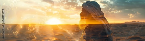 Double exposure portrait of a revered scholar in contemplative pose set against an awe-inspiring desert sunset.