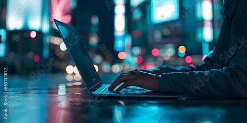 Criminal using laptop in city at night for cybercrime like phishing. Concept Cybercrime, Phishing, Criminal activity, City at night, Using laptop